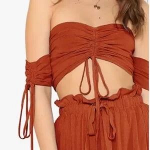Two Piece Outfit Off Shoulder Drawstring Crop Top and Skirt Set medium Rust
